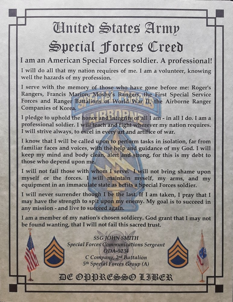 MC-NICE: Army Special Forces Creed PERSONALIZED *ALL GROUPS AVAILABLE*