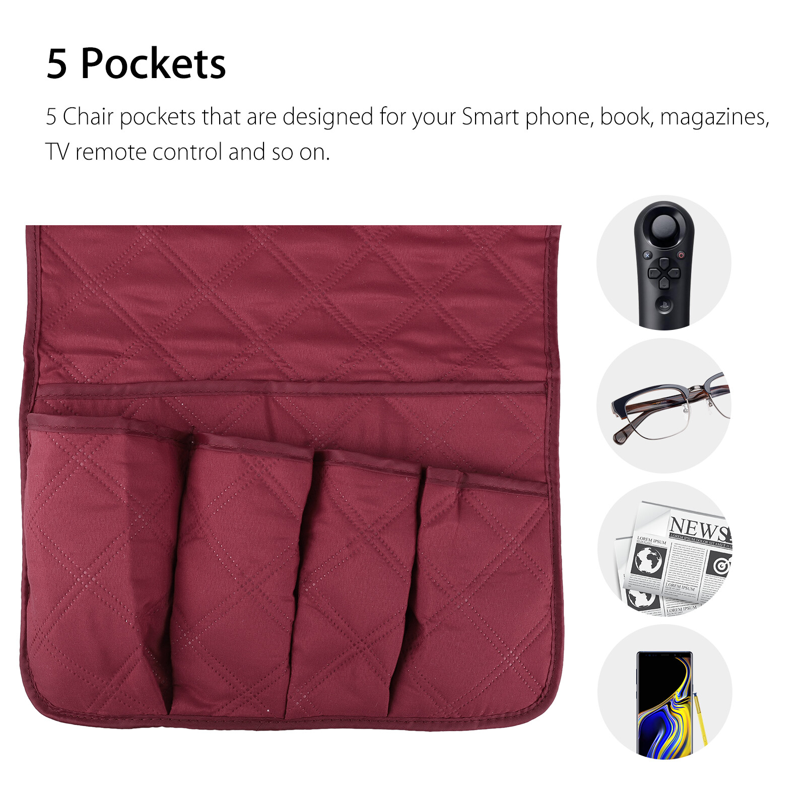Armrest Organizer TV Remote Holder 5 Pocket Caddy for Couch Sofa Recliner Chair