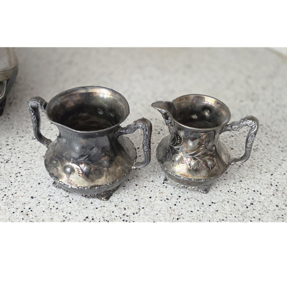 Victorian Silverplate Creamer and Sugar Bowl Set Floral Design