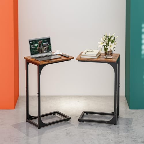 C-Shaped Side Table for Couch - 2-Pack Rustic Walnut Without Power Outlets