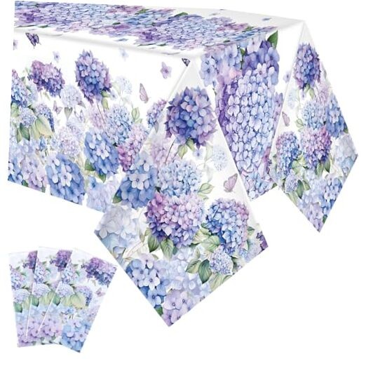 3 Pcs Spring Hydrangea Plastic Tablecloths Watercolor 54 x 108 Inch Rectangle