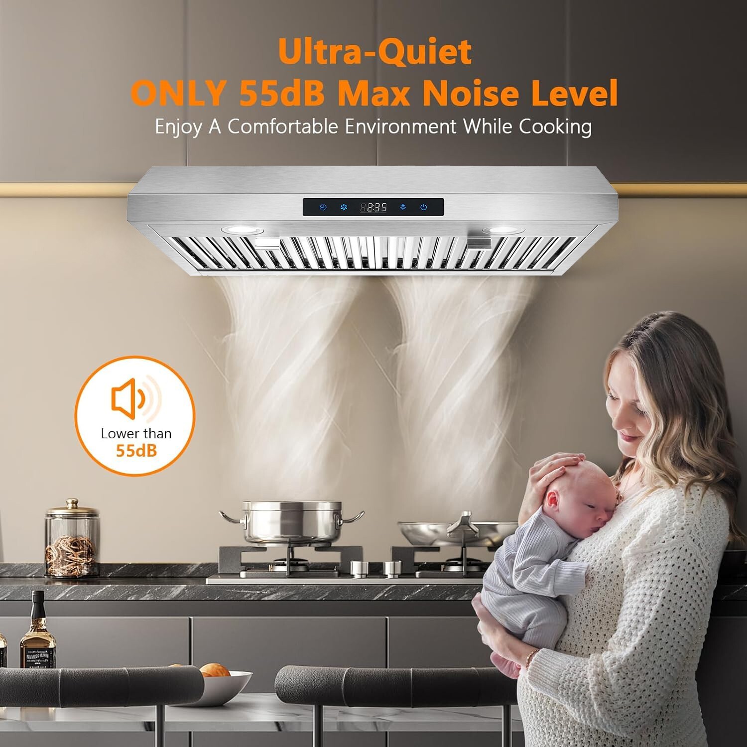 30 inch Kitchen Under Cabinet Range Hood 600CFM Stainless Steel 3-Speed Touch