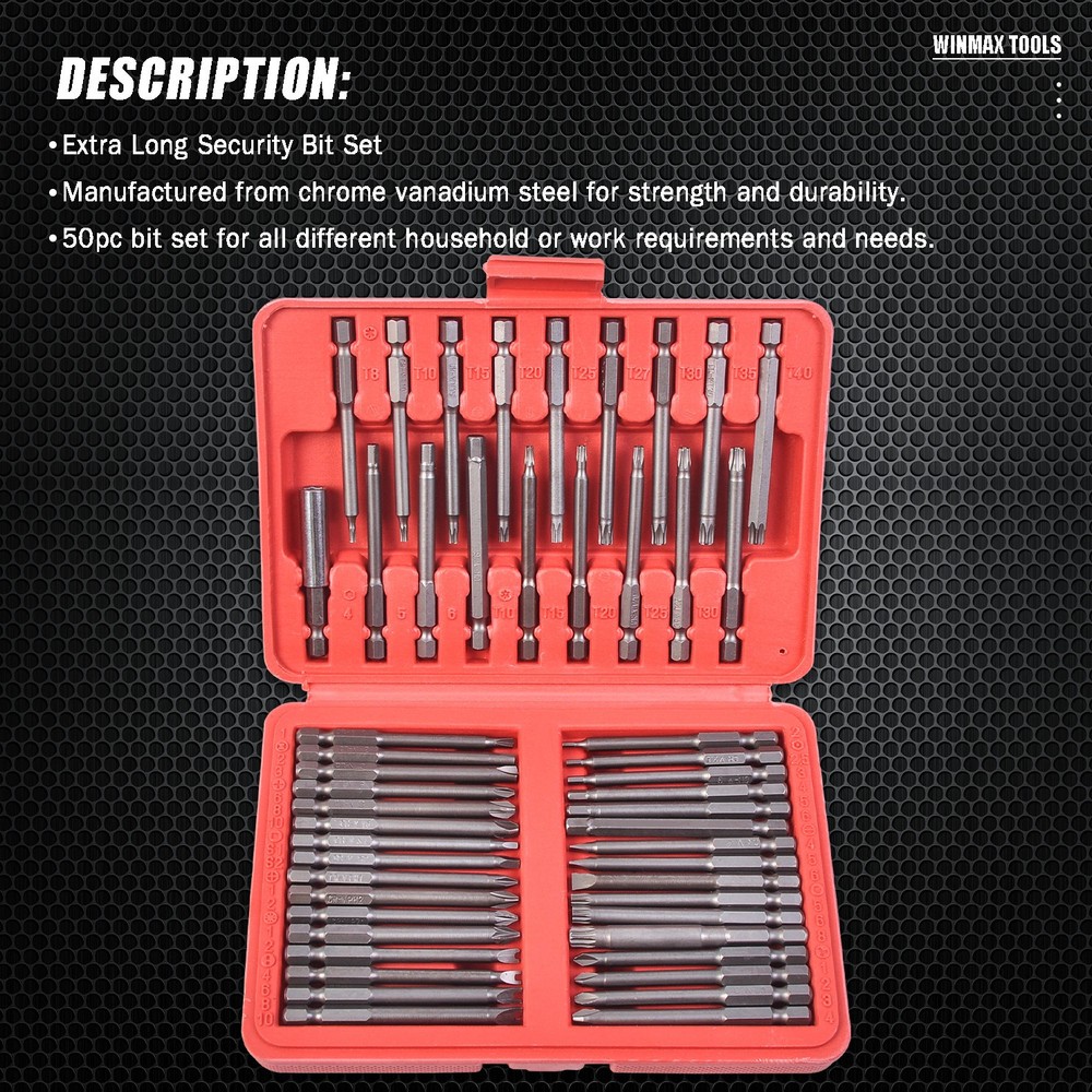 50Pcs Extra Long Security Bits Kit Hex Torx Star Spline Flat Screwdriver Bit Set