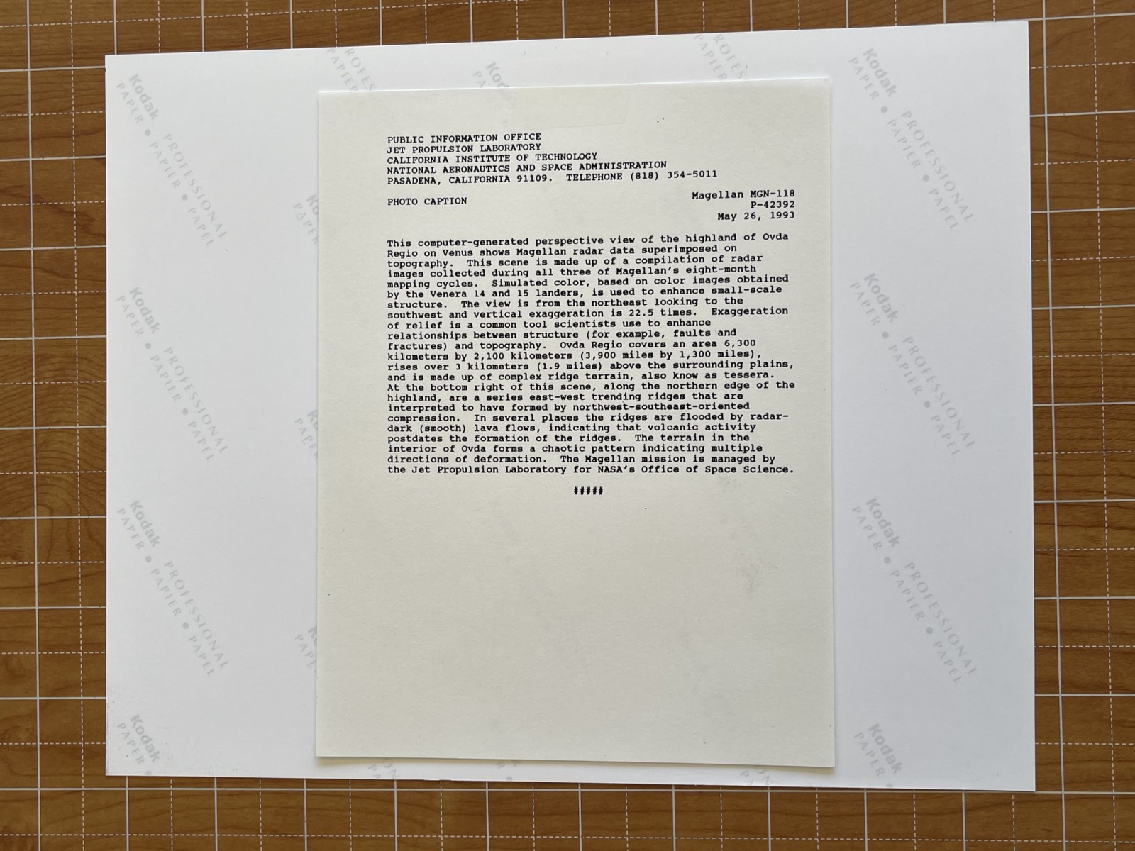 VINTAGE SPACE NASA PHOTO VENUS MAGELLAN JPL KODAK PAPER