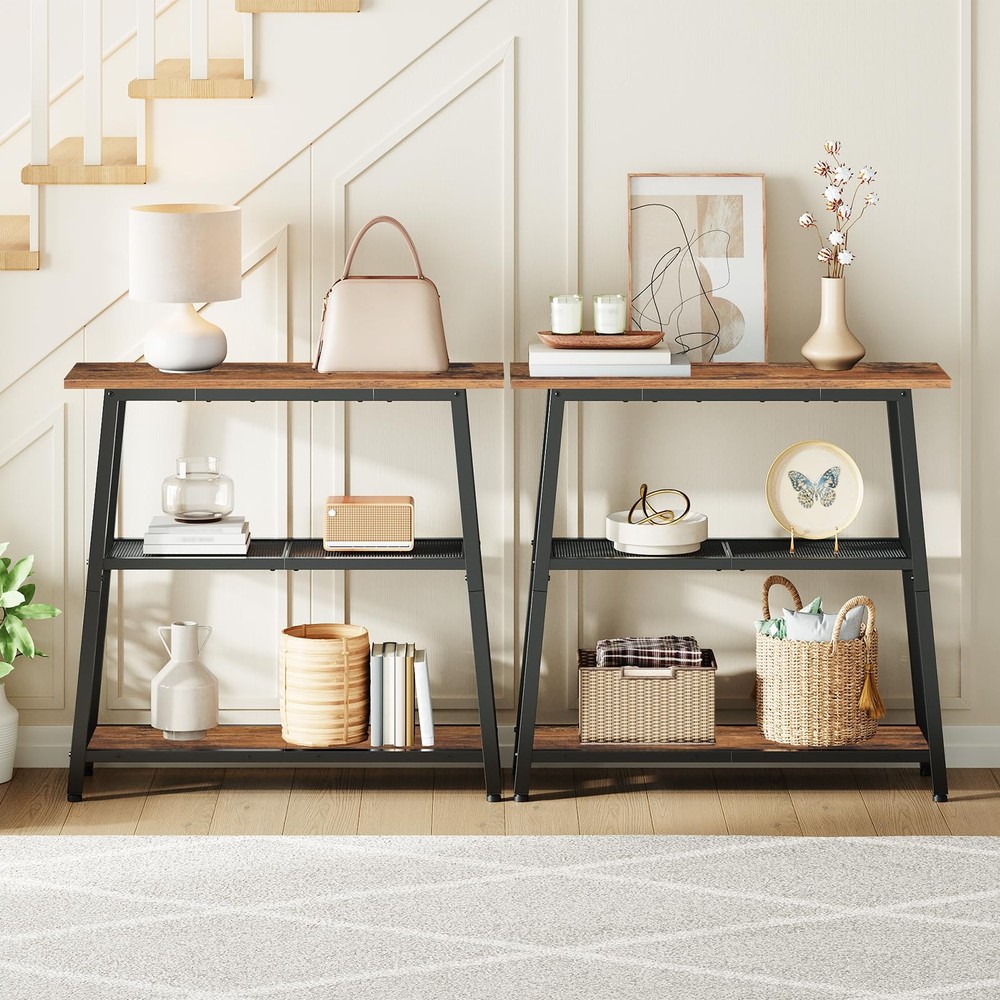 Narrow Console Table, 3-Tier Small Entryway Table with Storage Shelves, Behin...