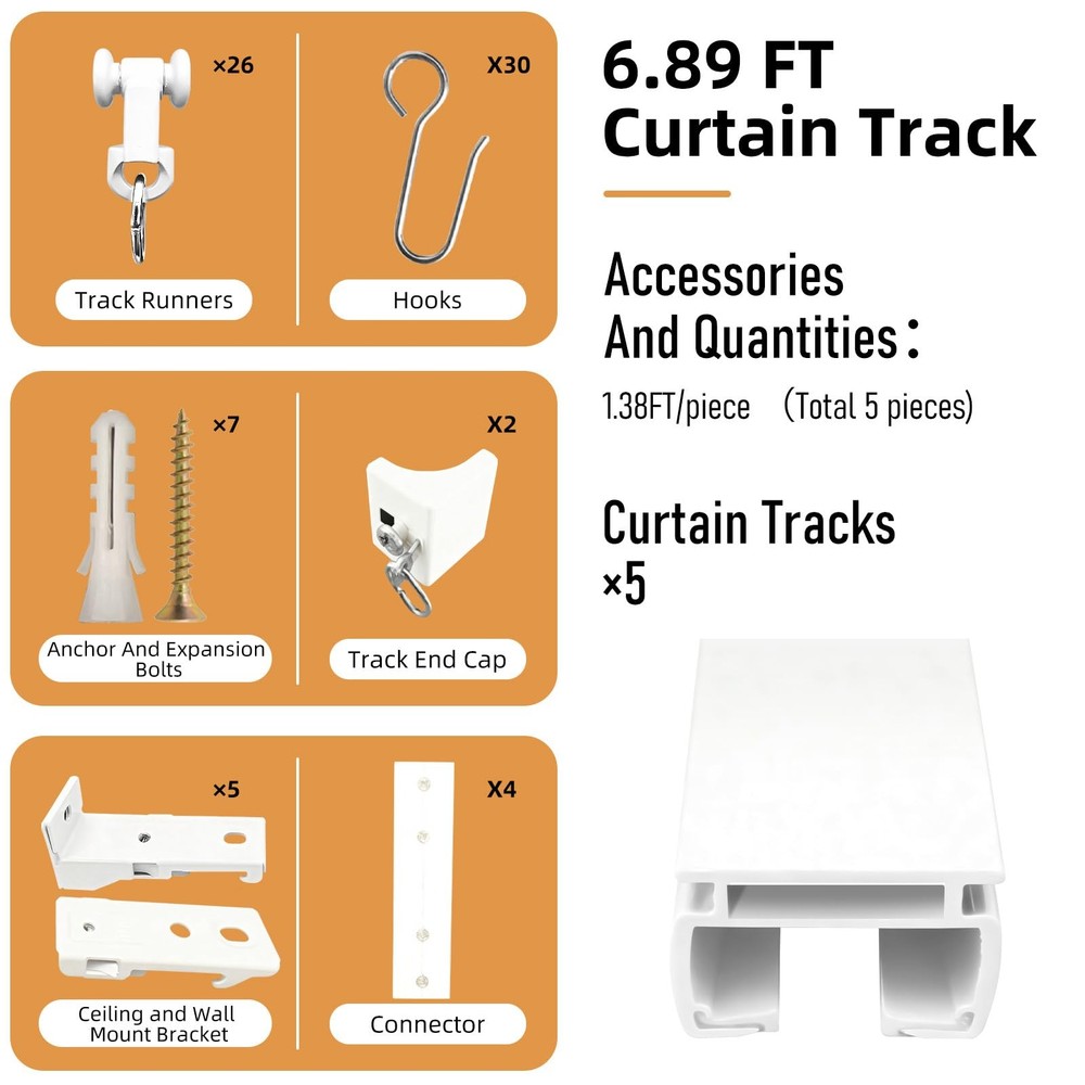Curtain Tracks Ceiling Wall Mounted White 6.89FT Thickened Hook Room Divider