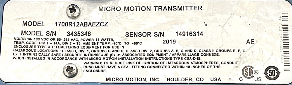 MICRO MOTION, 1700R12ABAEZCZ, VARIABLE FLOW TRANSMITTER, SMART METER BACKLIT USE