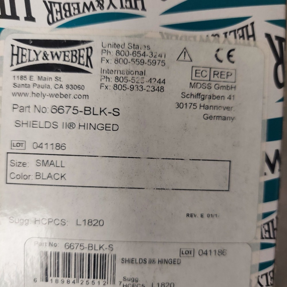 Hely Weber Hinged Knee Brace Shields II 6675 Black Small
