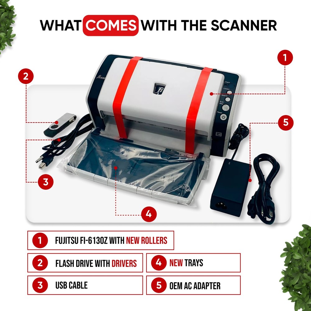 Fujitsu FI-6130Z Duplex Scanner w/NEW ZERO COUNT ROLLERS & Trays AC Adapter USB