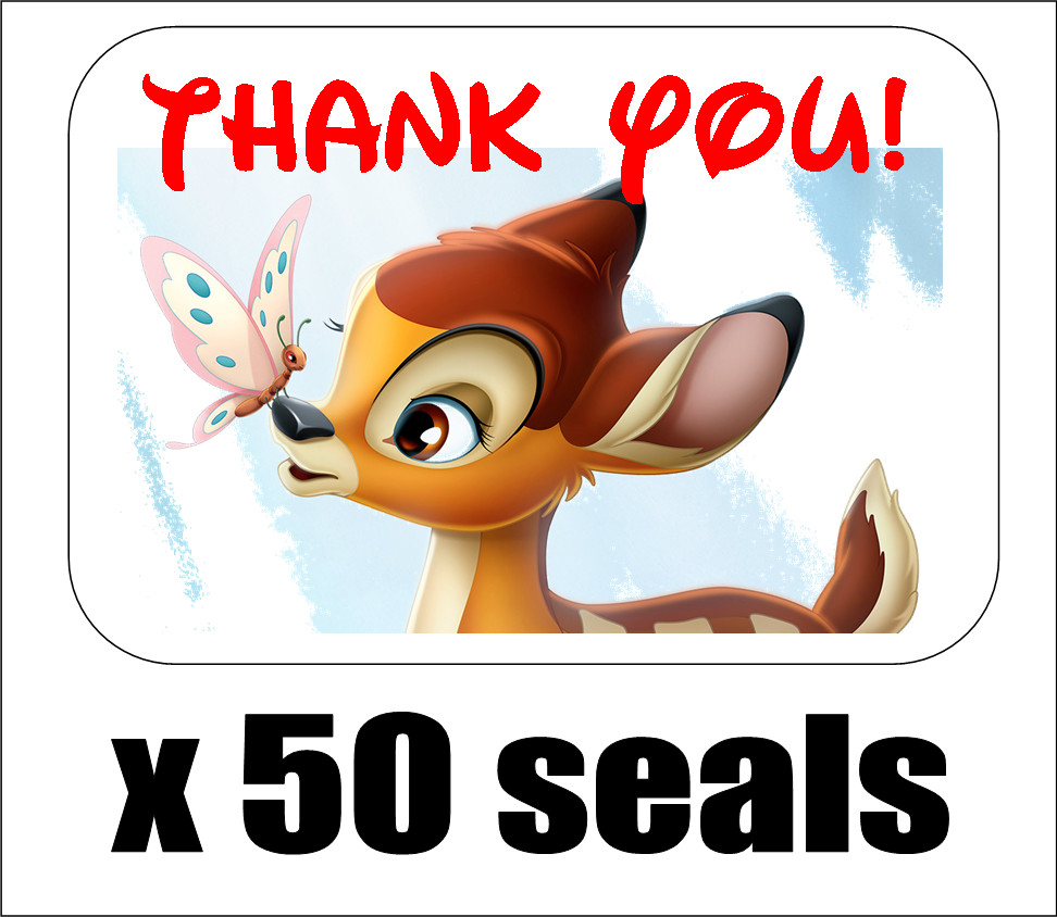 50 Bambi Thank You Envelope Seals / Labels / Stickers, 1" x 1.5"