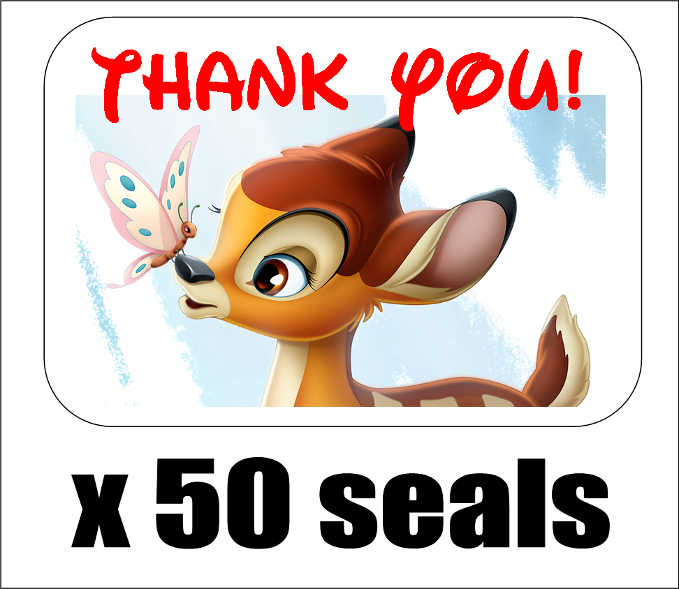 50 Bambi Thank You Envelope Seals / Labels / Stickers, 1" x 1.5"