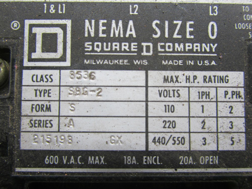 SQUARE D SIZE 0 CLASS 8536 TYPE SBG-2 SERIES A MOTOR STARTER