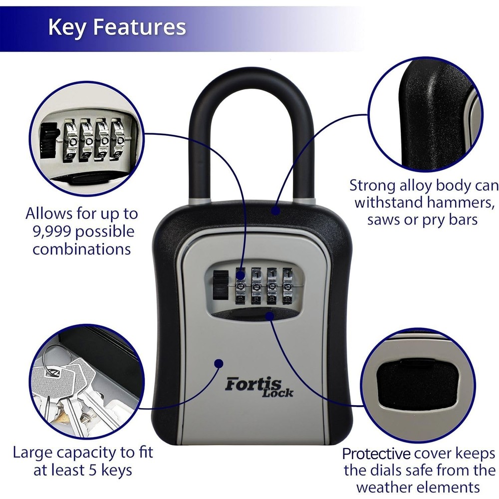 Box for Keys with Code, Portable Shackle Key Safe, 4Digit Combination Lock, W...