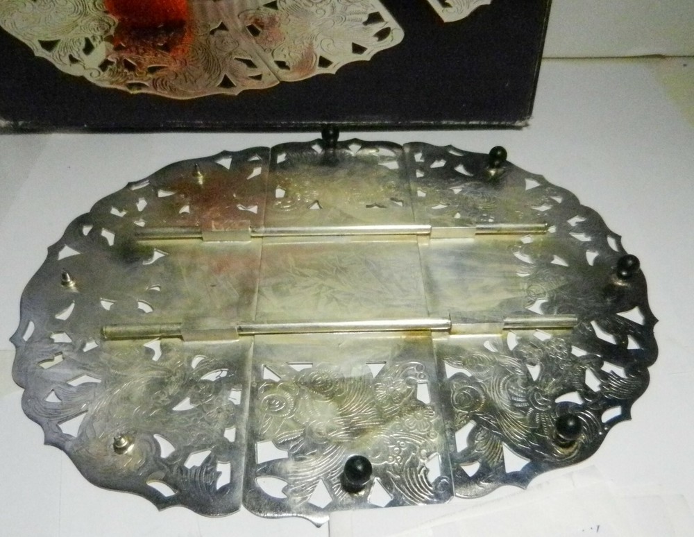 Vintage Leonard Silver Plated Pierced Expanding Trivet 12" long Hong Kong-#873