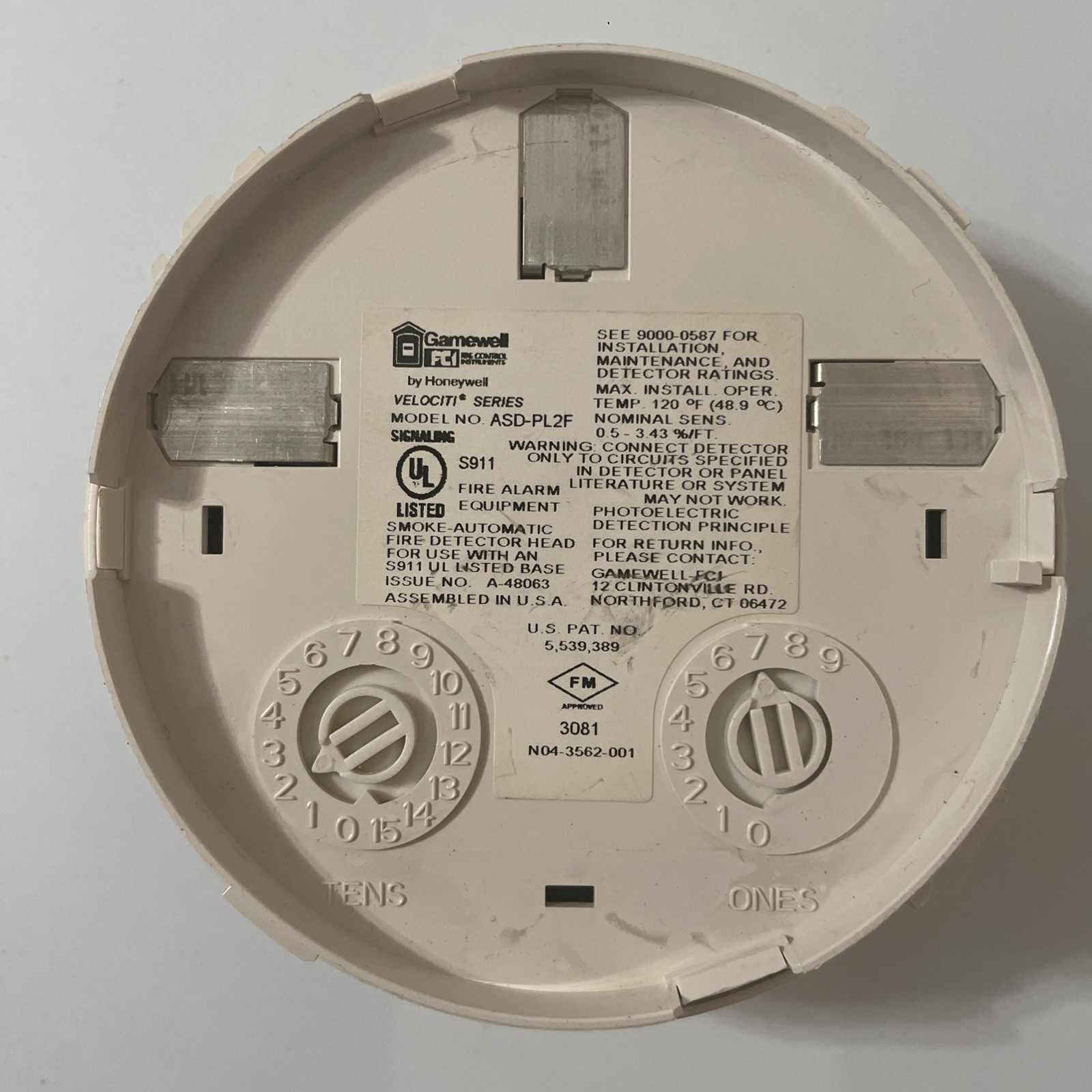 ASD-PL2F - Gamewell FCI Ivory Fire Alarm Addressable Smoke Detector - Tested