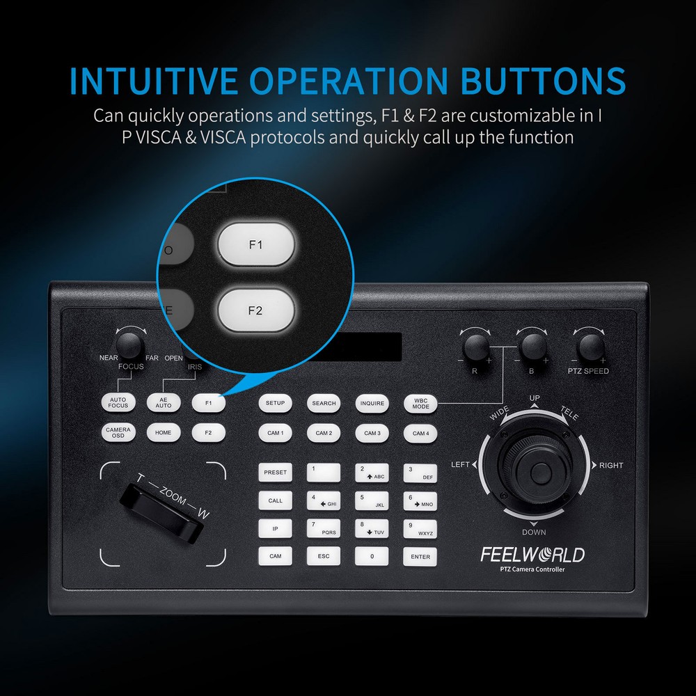 FEELWORLD KBC10 PTZ Camera Controller Joystick & Keyboard Control LCD Screen PoE
