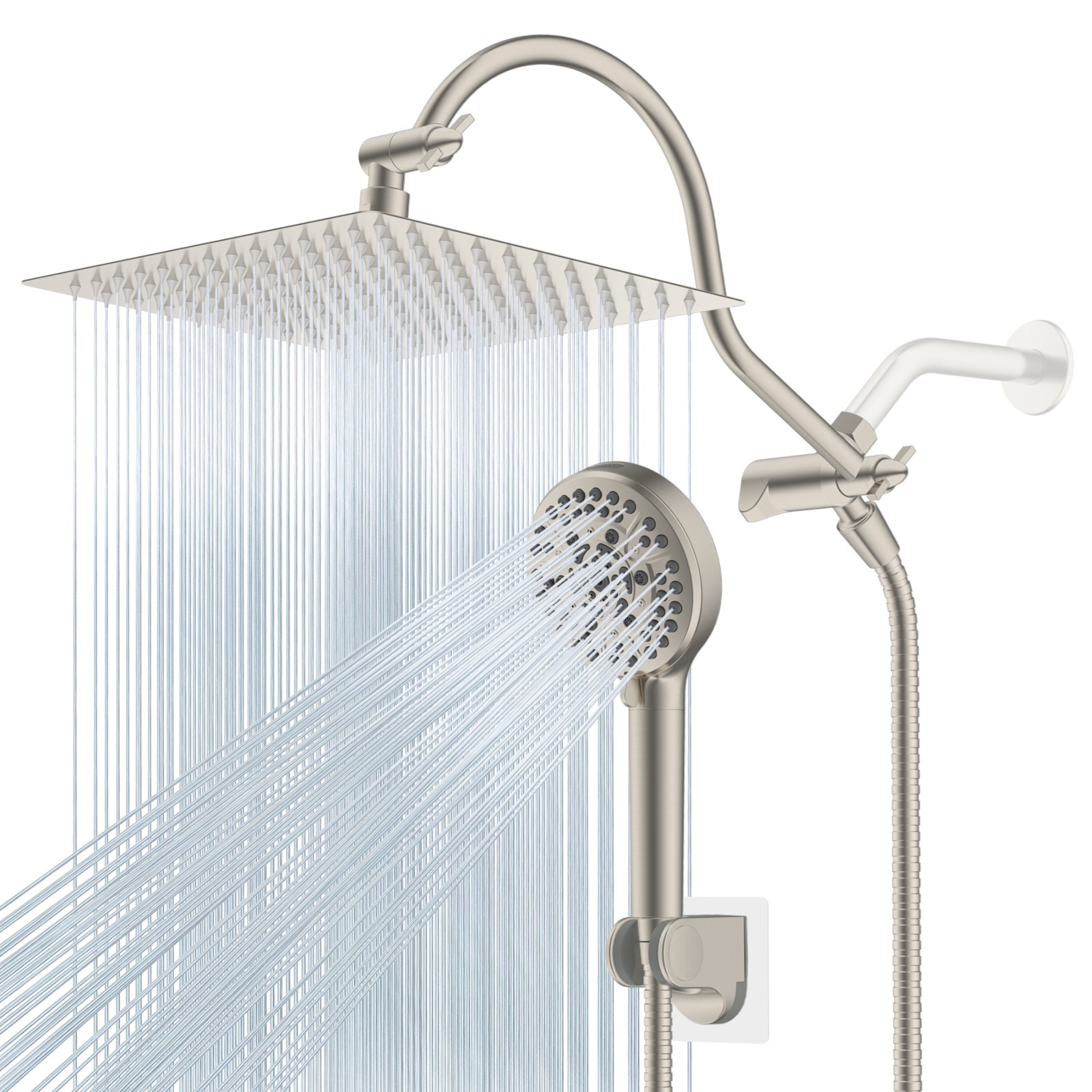 12'' Rain Shower Head Combo High Pressure Rainfall Shower Head Brushed Nickel US