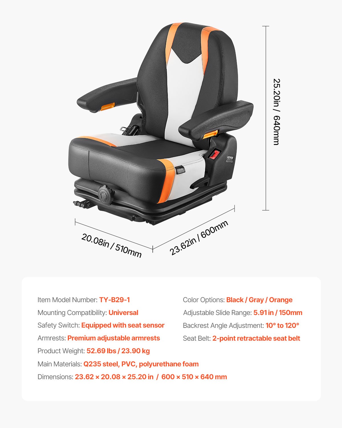 VEVOR Universal Forklift Seat Fold Down Tractor Suspension Seat Chair Adjustable