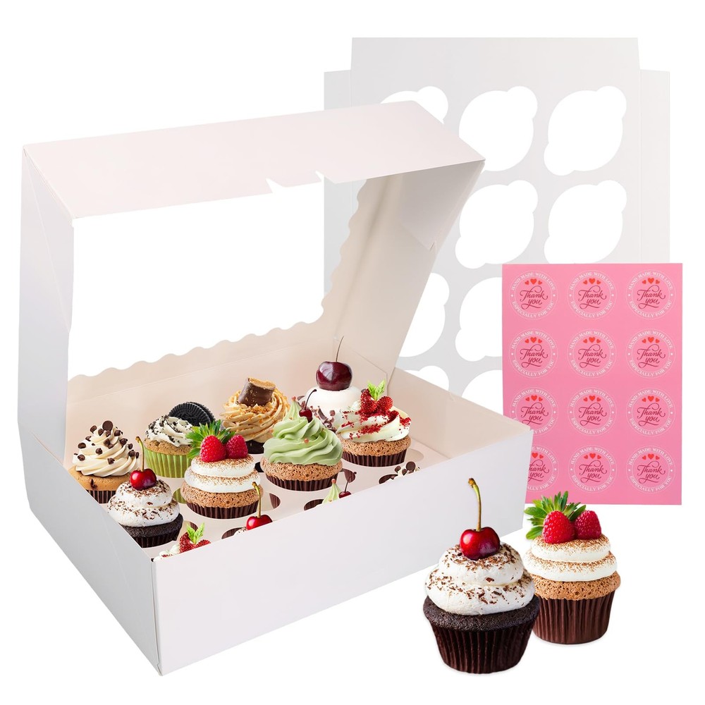 10 PCS Cupcake Boxes 12 Count Container With Window Inserts White Bakery Box