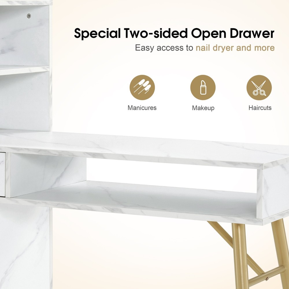 Manicure Table, Nail Desk with Marble Texture, Nail Table with Lockable Drawer
