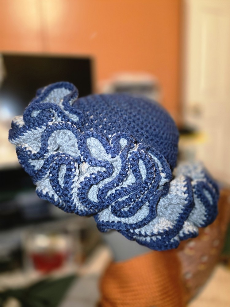 Handmade Crochet Blue and Gray Ruffled Hat