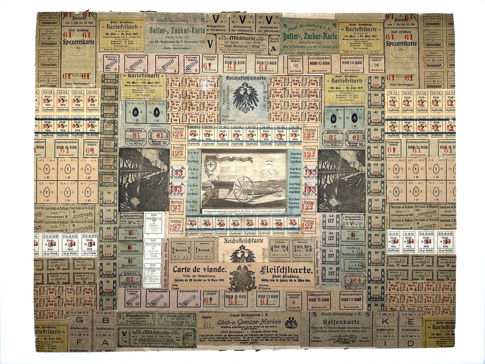 WWI Framed Ration Coupon Collage Folk Art Strasbourg Alsace Germany Trench 1917