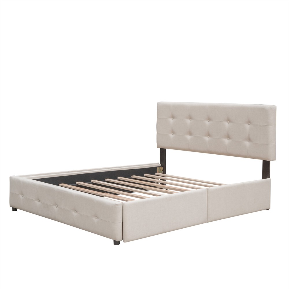 Queen Size Bed Frame Upholstered Platform Bed with Pull-Out Trundle & 2 Drawer