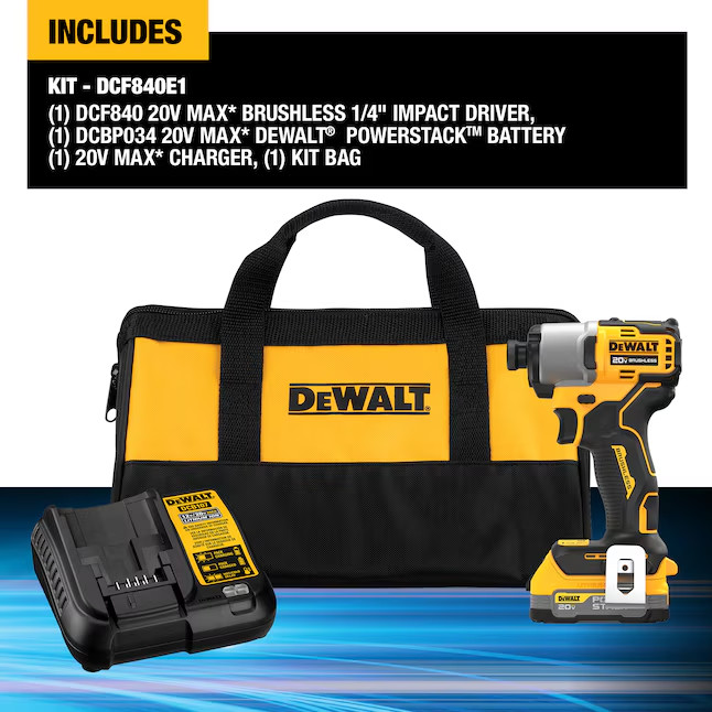 DEWALT POWERSTACK DCF840E1 20V MAX 1/4" BRUSHLESS CORDLESS IMPACT DRIVER KIT