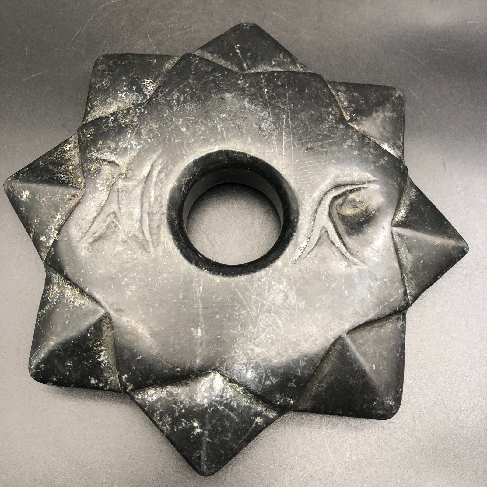 Old HongShan Culture Meteorite Jade Hand-Carved Fengshui Octagon Star Statue