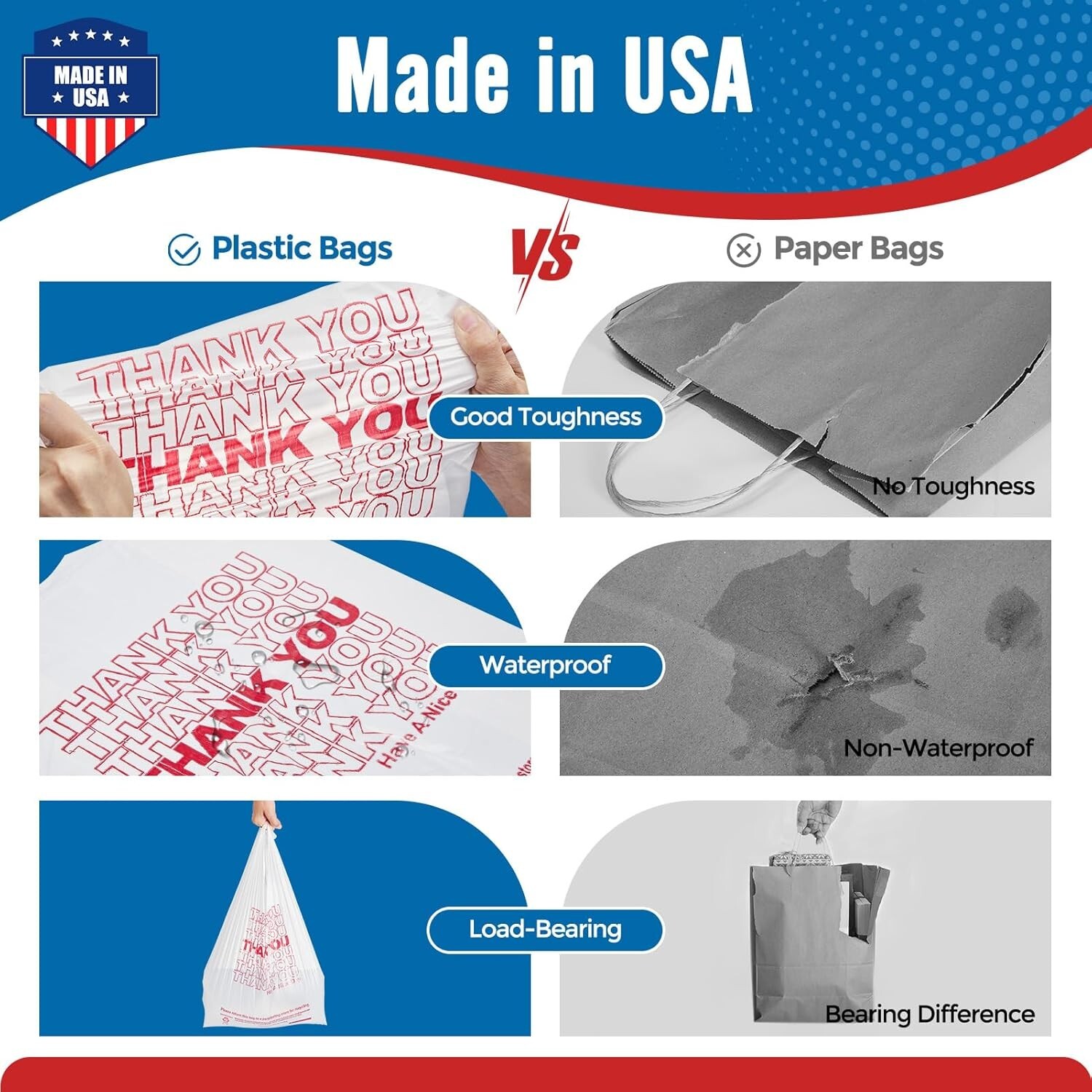 1000 Thank You T-Shirt Bags 12" x 6.5" x 21", Plastic Grocery Shopping Bags