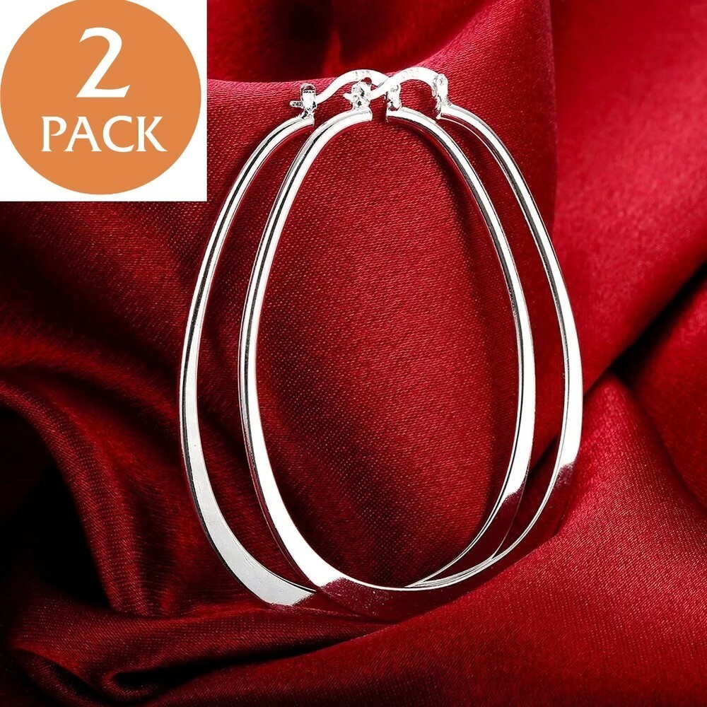 2x Womens 925 Sterling Solid Silver Elegant Oval Shaped Extra Large Hoop Earring