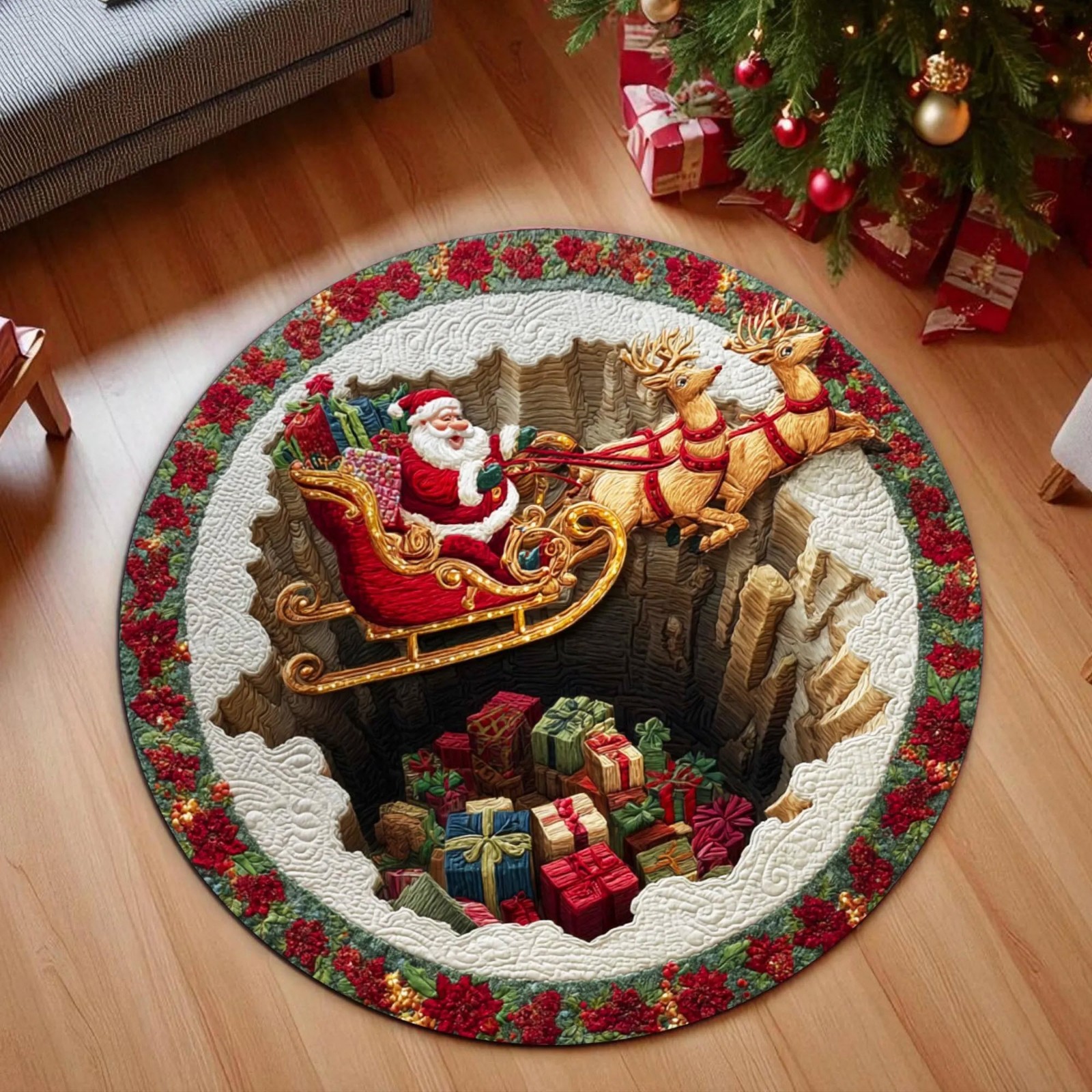 Printed Faux 3D Santa Sleigh Rug, Round Christmas Reindeer Carpet Doormat