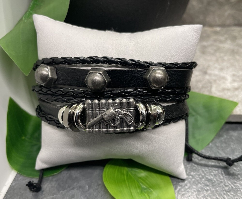 2 PC Leather Bracelet  Stackable Adjustable Tie Free Ship B3278