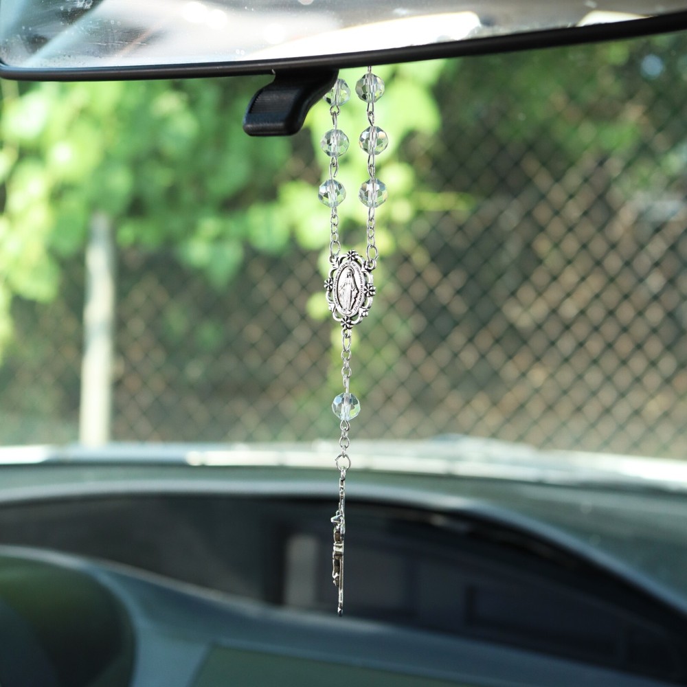 Silver Tone Miraculous Medal Faceted Clear Glass Prayer Bead Auto Rosary 7.5 In