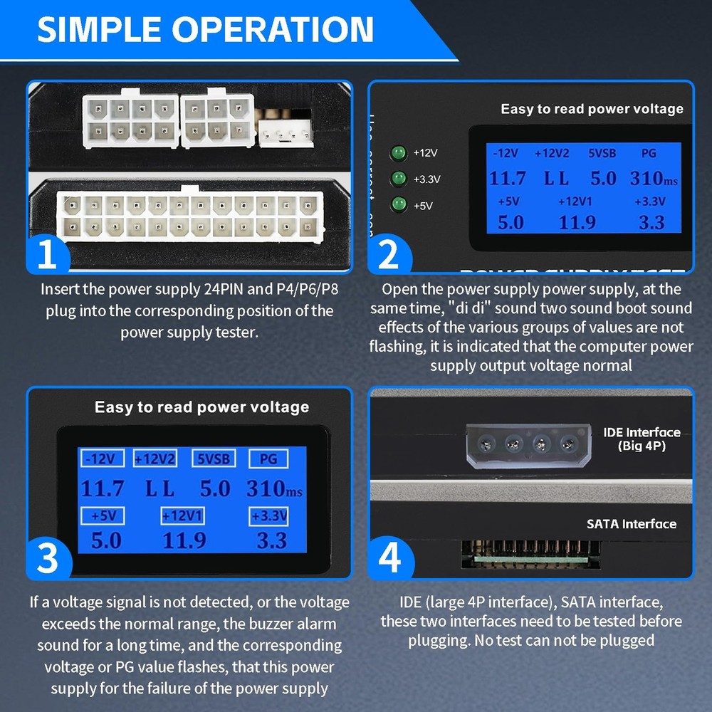 Computer PC Power Supply Tester with LCD Display, ATX default