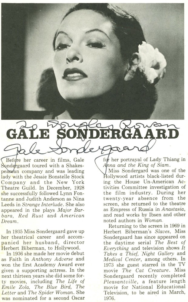 GALE SONDERGAARD Signed Program Bio Page