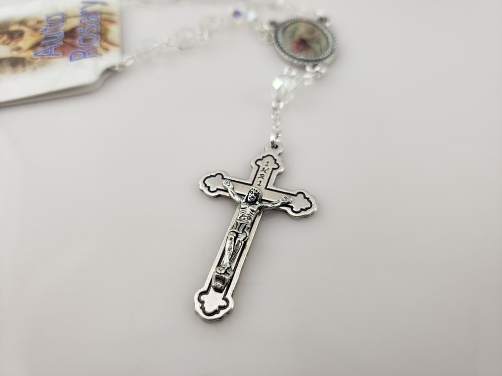 Auto St Christopher One-Decade Rosary Italy Crystal Bead Rear View Mirror