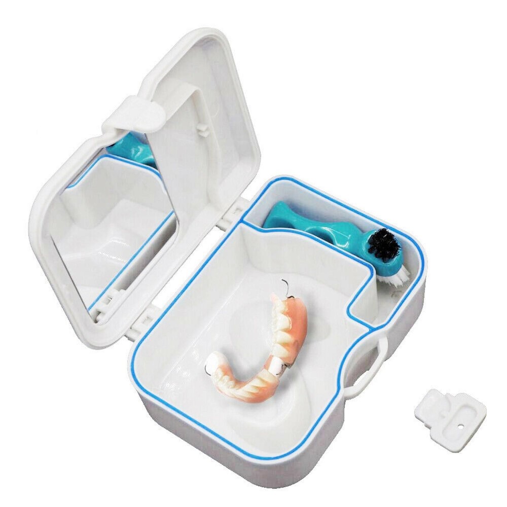 Portable Dental Denture Storage Box False Teeth Case Container with Mirror Brush