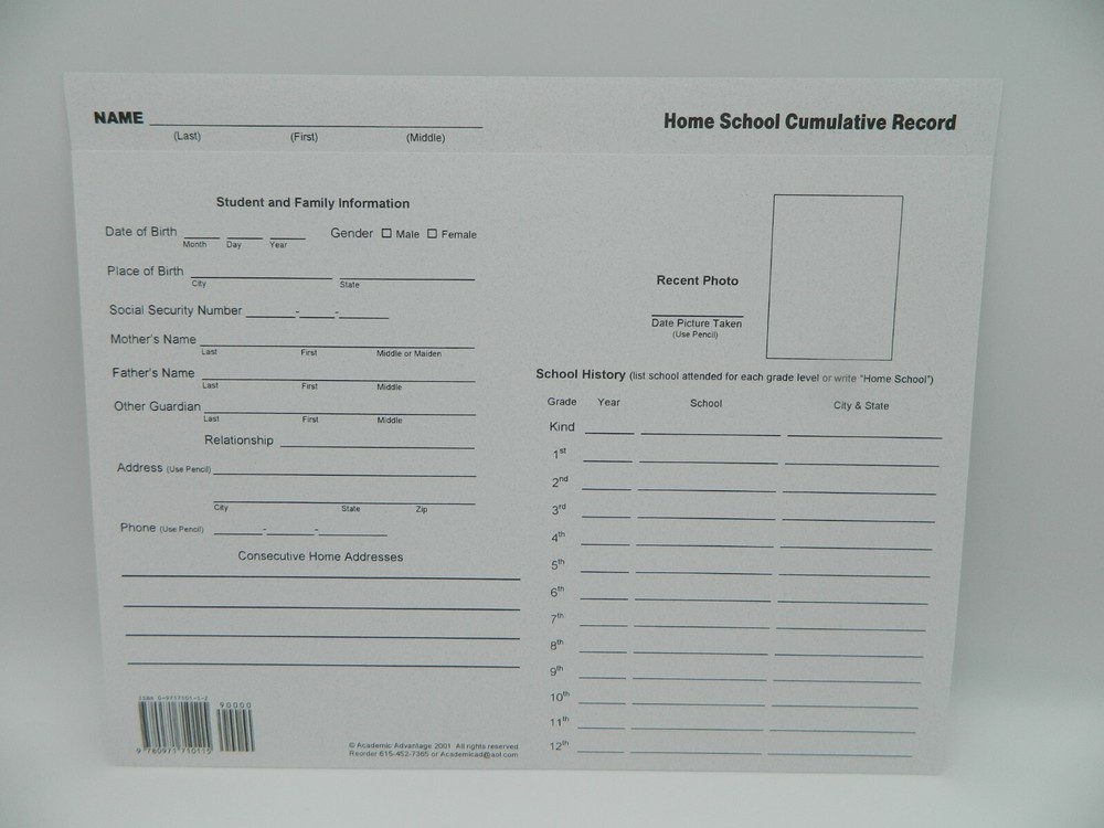 Home School Record Keeping Kit, Elementary Report Cards & Transcript Folder K-12