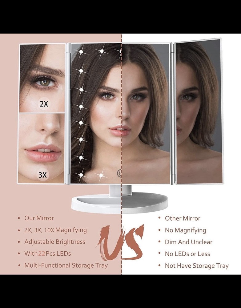 LED Lighted Makeup Mirror 2X 3X 10X Magnification Adjustable Brightness White