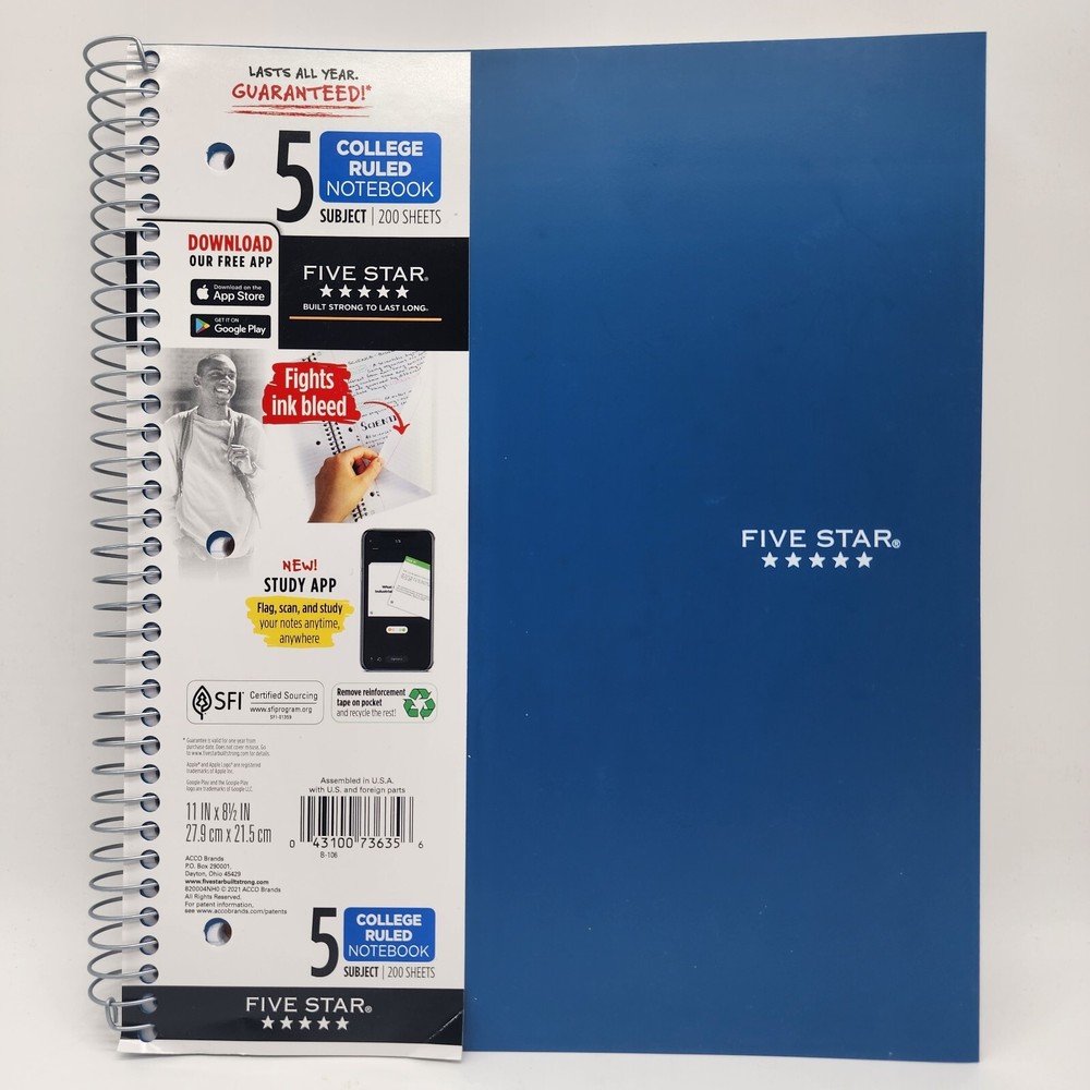 Five Star Wirebound Notebook Plus Study App 5 Subject College Ruled 11 x 8 1/2