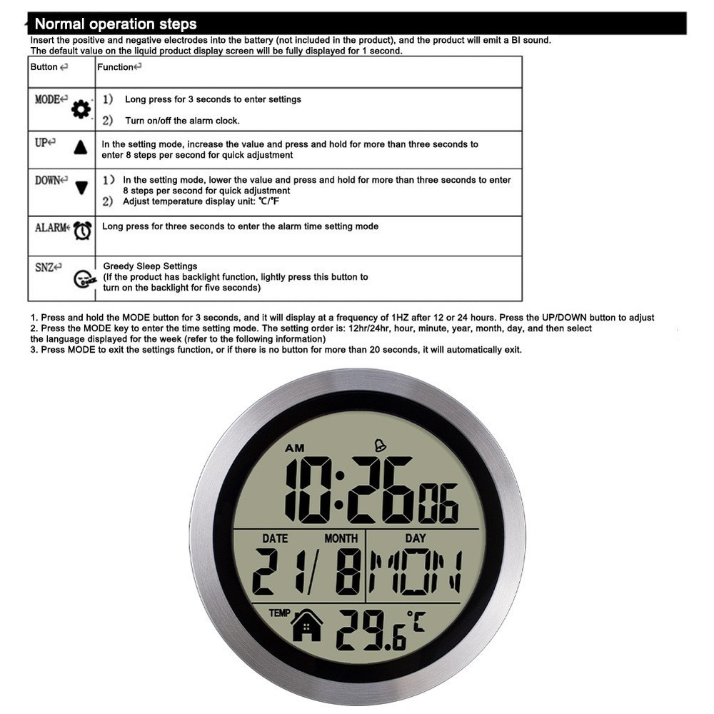Electronic Wall Clock with Multifunctional Display of Time Temperature Date