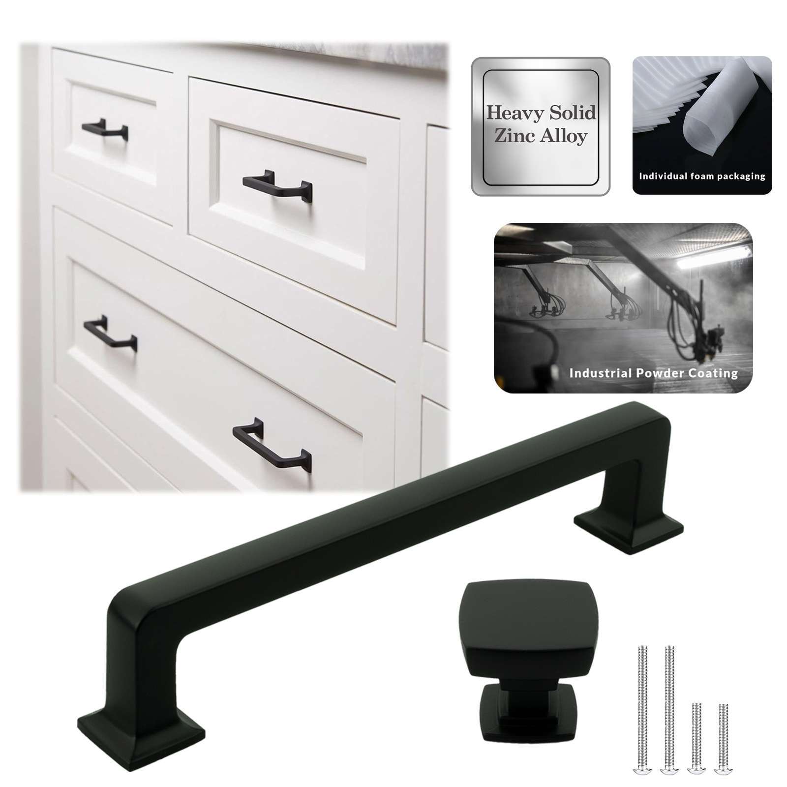 Solid Matte Black Cabinet Door Handles Pulls Knob Kitchen Bathroom Drawer Square