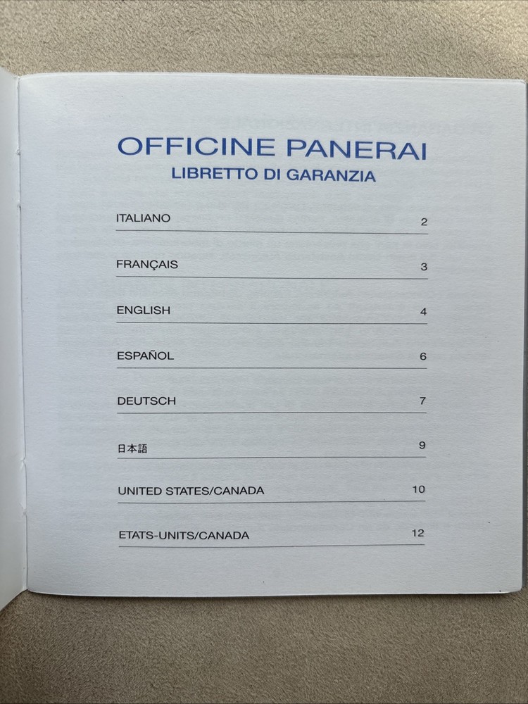 Panerai Watch Guarantee Booklet