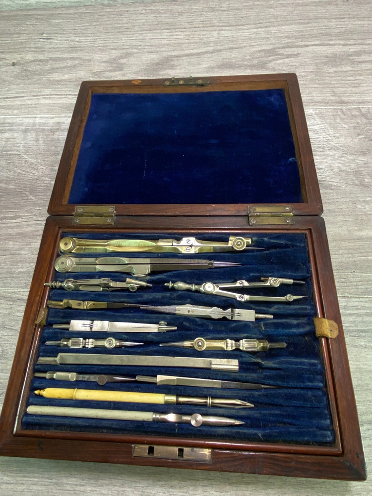 Vintage Engineering Draughtsman Set Technical Drawing Instruments Wooden Case