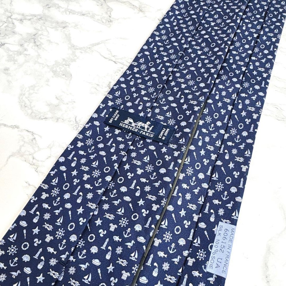 HERMES Tie Full Marine Monogram Pattern Navy Blue