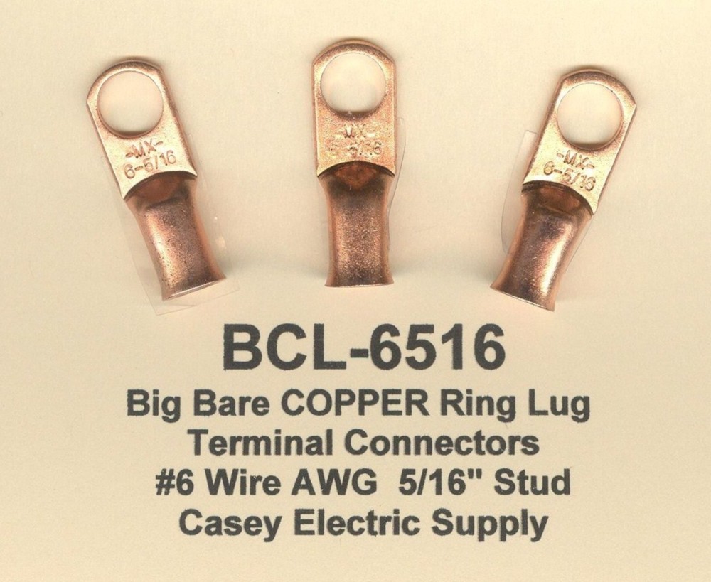 20 Bare Battery Big COPPER Ring Lug Terminal Connector #6 Wire Gauge 5/16" Stud