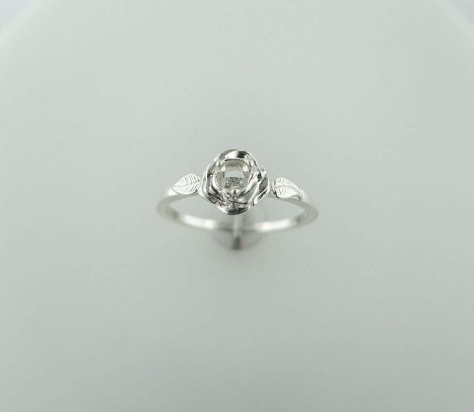 3 mm Round Rose with Leaf Sterling Silver Ring Setting