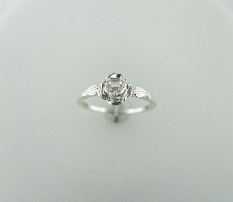 3 mm Round Rose with Leaf Sterling Silver Ring Setting