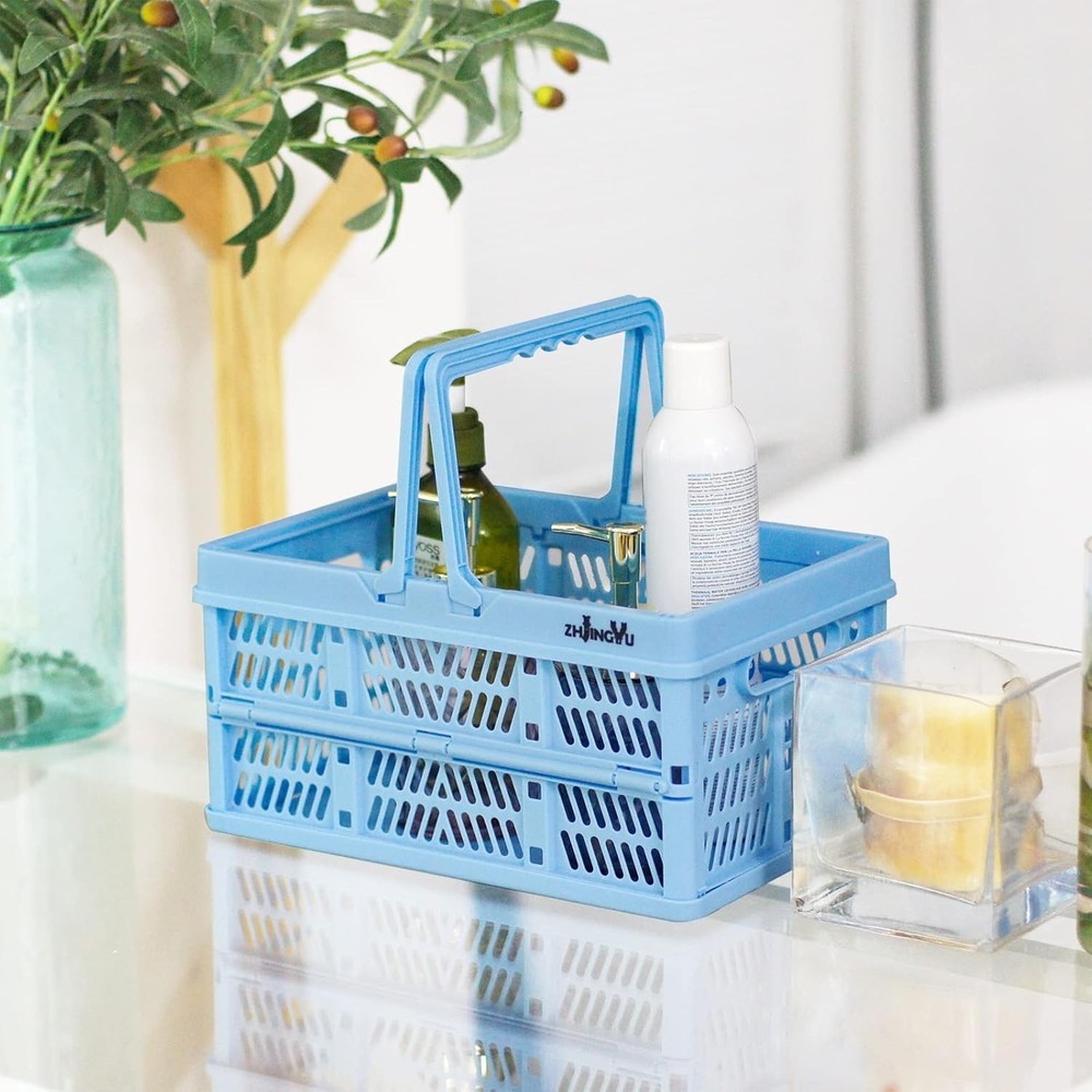 Collapsible Milk Crate – Foldable Plastic Basket with Handles, Blue, Small